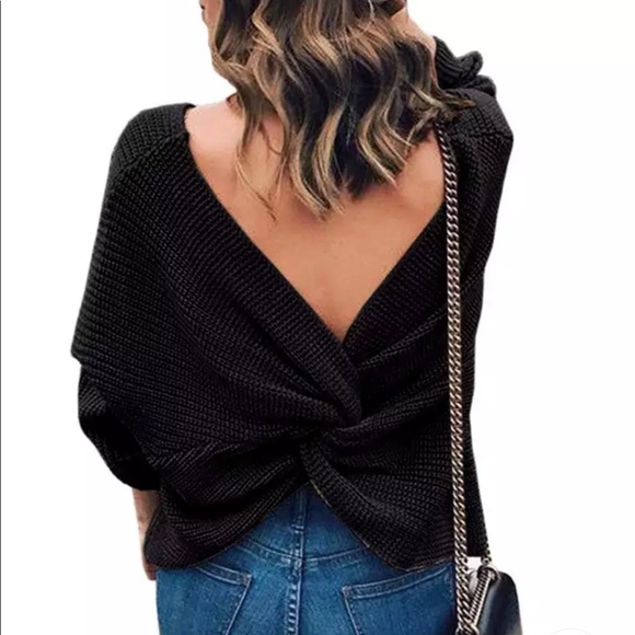 1 LEFT! Black Twist Back Knot Sweater - Picture 2 of 5
